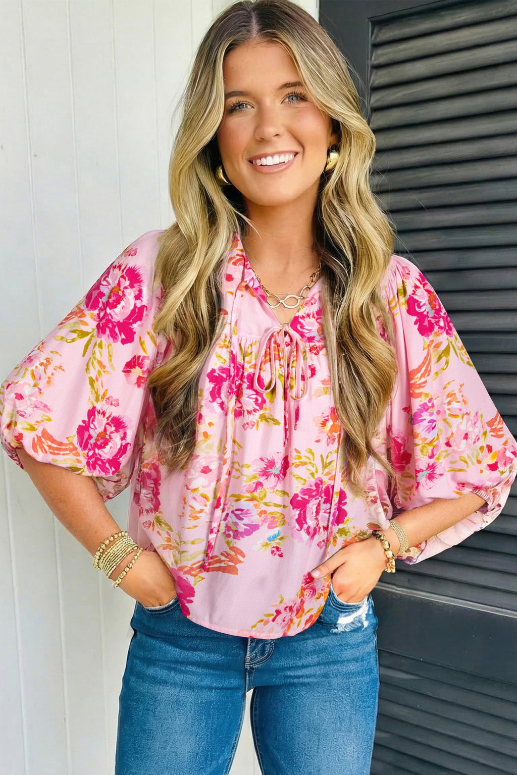 Pink Floral Print Tie Neck Puffy Half Sleeve Blouse