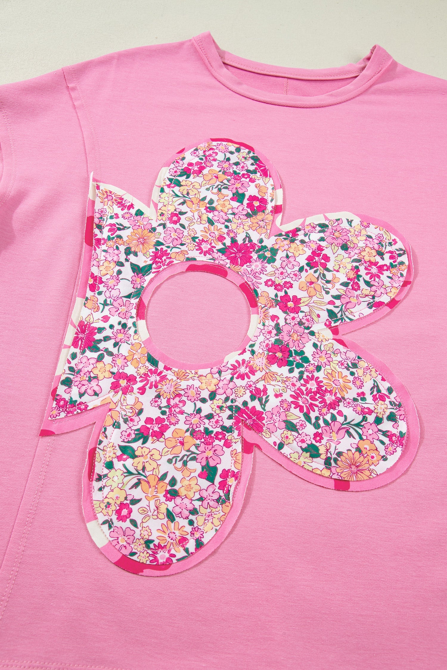 Bright Pink Floral Patched Raw Seam Big Flower Oversize Tee