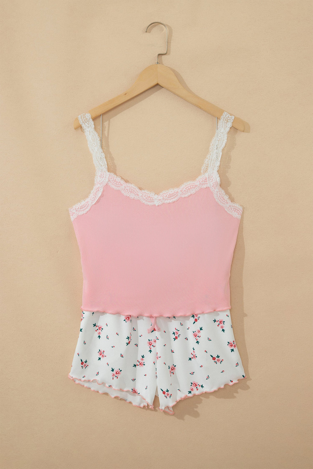 Pink Ribbed Knit Lace Straps Patchwork Lettuce Hem Cropped Top Floral Short Lounge Set
