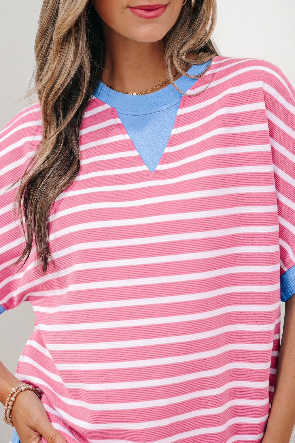 Pink Stripe Contrast Trim Loose Short Sleeve Top