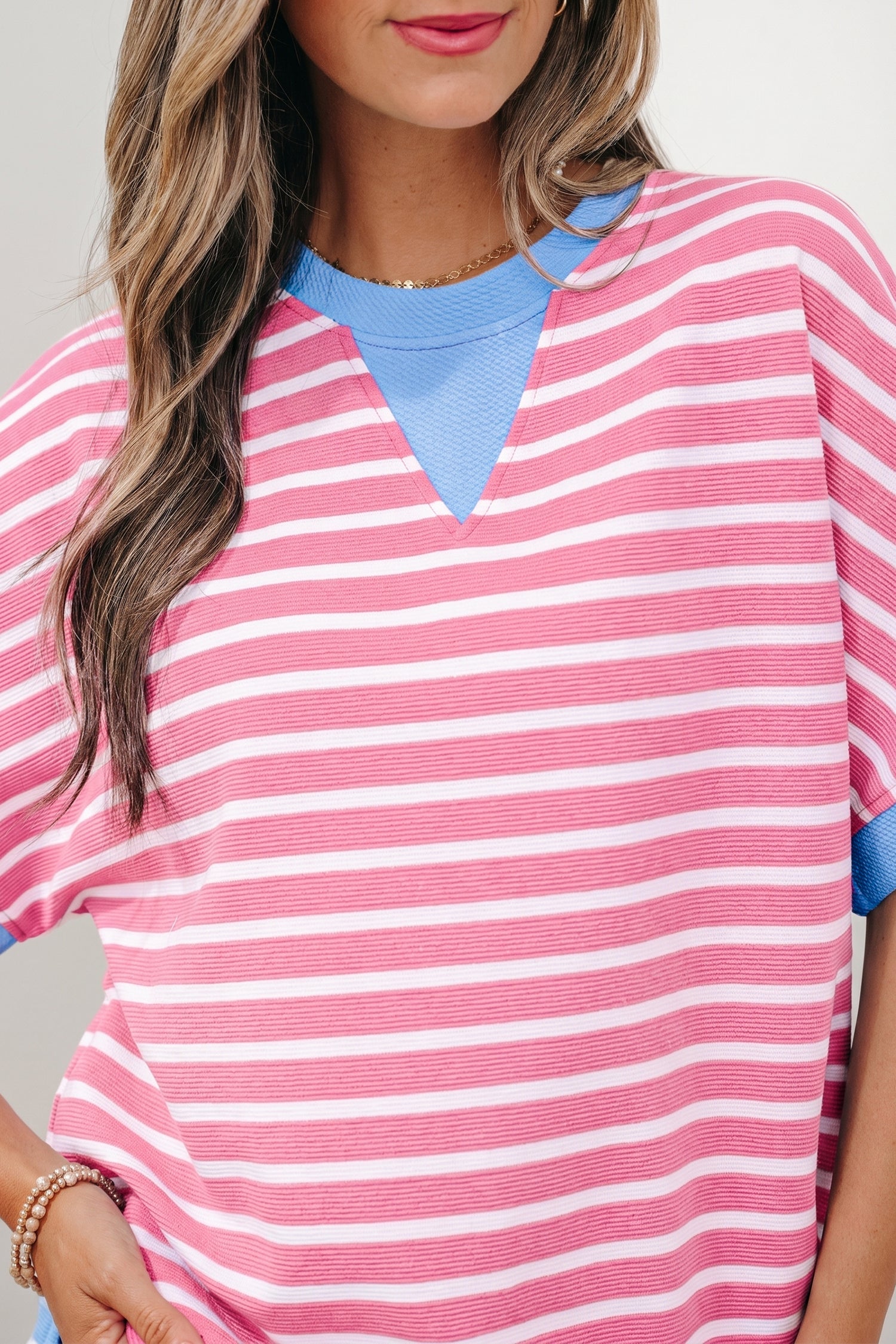 Pink Stripe Contrast Trim Loose Short Sleeve Top