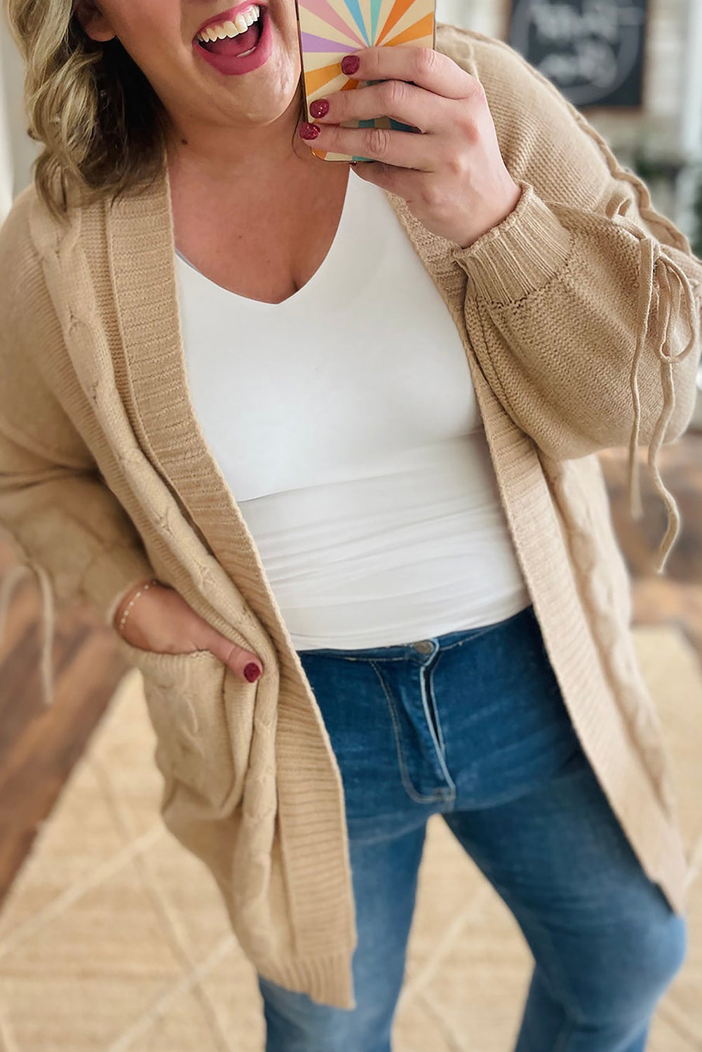 Parchment Cable Knit Braided Tie Sleeve Plus Size Open Cardigan
