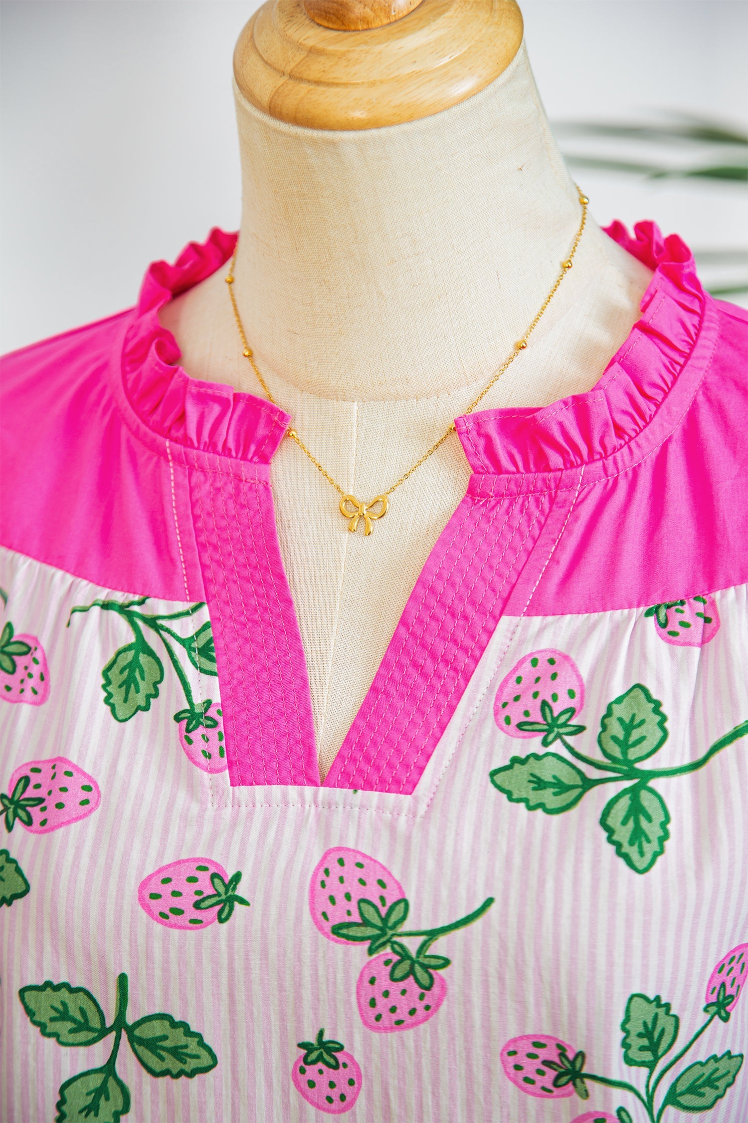 Pink Striped Strawberry Printed Color Block Patchwork V Neck Flutter Sleeve Blouse