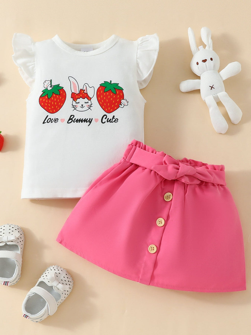 Children's Strawberry Bunny Graphic Ruffle Sleeve Top and Skirt Set