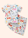 Children's Cartoon Print Round Neck Tee and Shorts Set