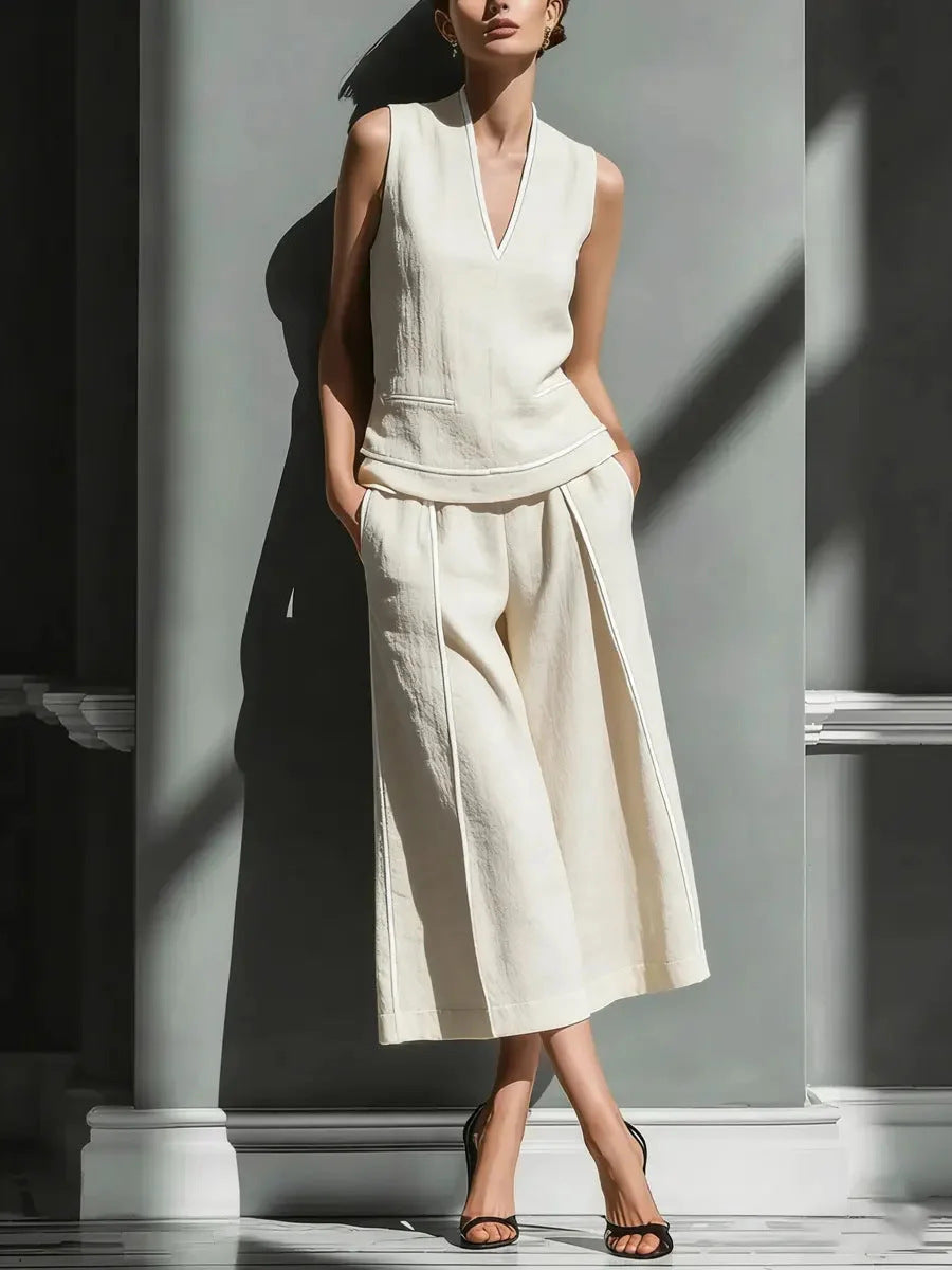 Women's Sleeveless Linen Shirt & Cropped Pants Set – Casual 2-Piece Outfit