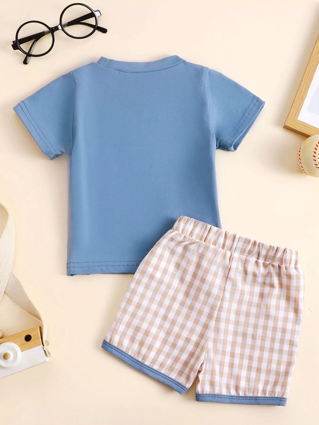 Children's Baseball Round Neck Top and Plaid Shorts Set