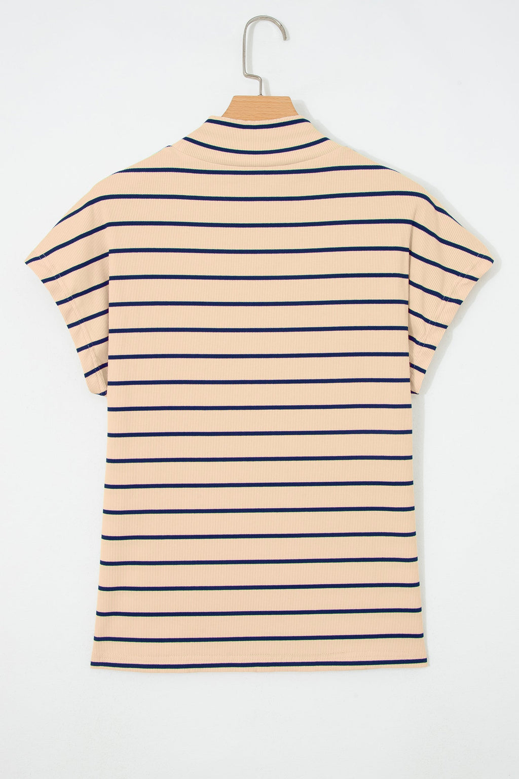 Khaki Stripe Mock Neck Short Sleeve Loose Top
