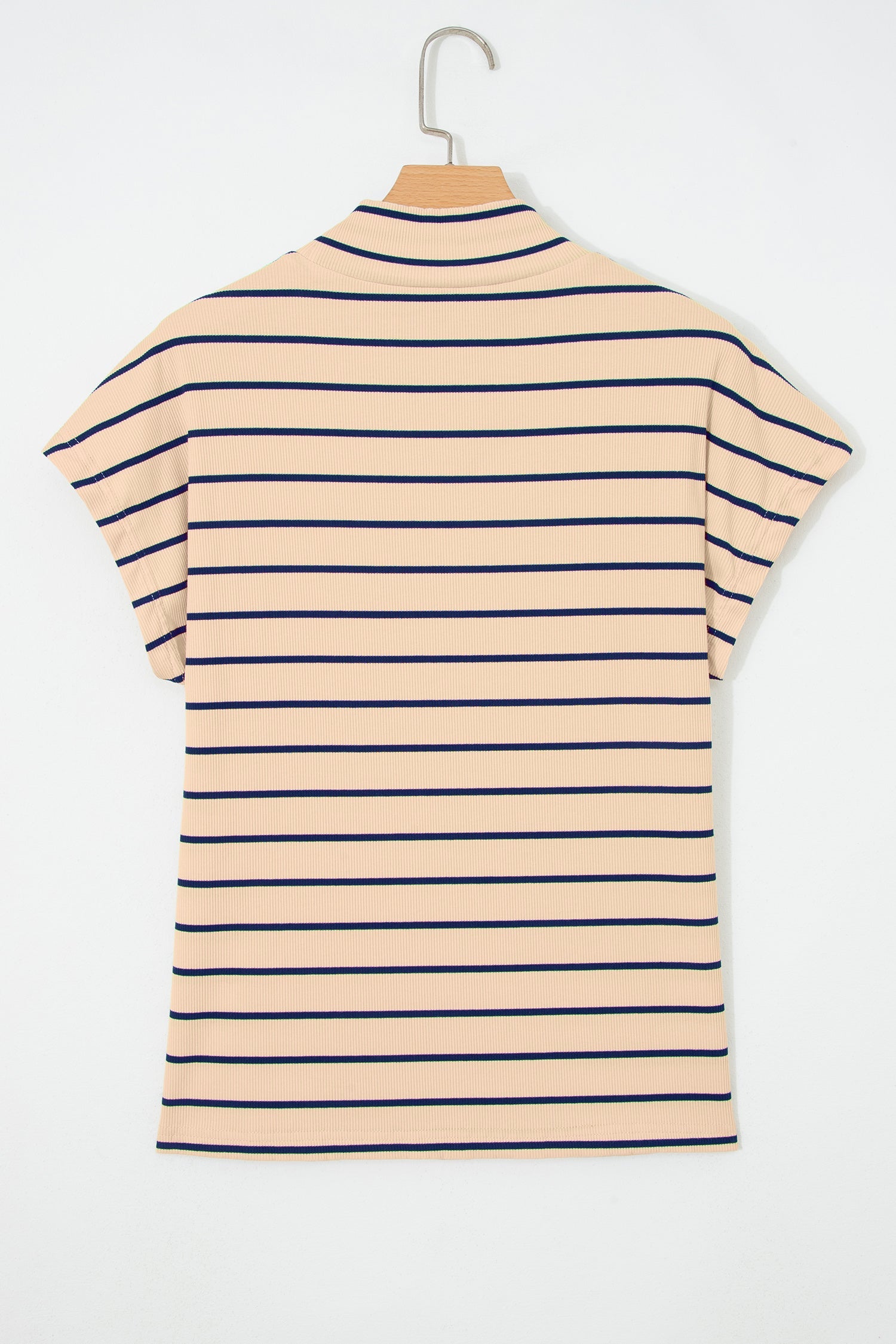 Khaki Stripe Mock Neck Short Sleeve Loose Top