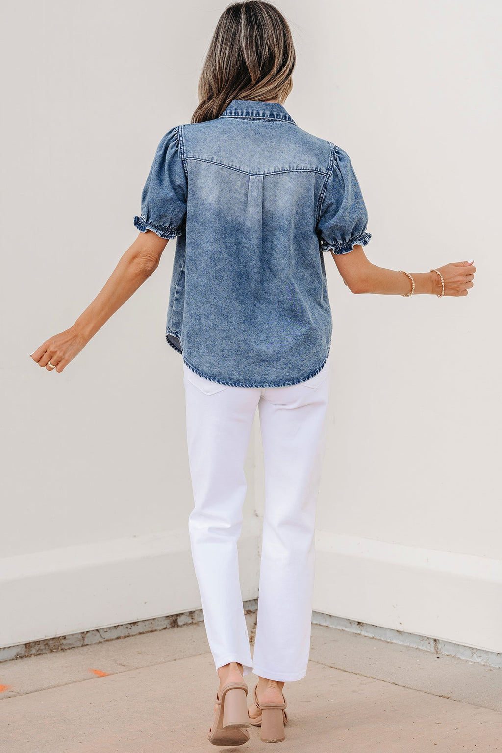 Beau Blue Frilled Short Sleeve Snap Button Denim Shirt