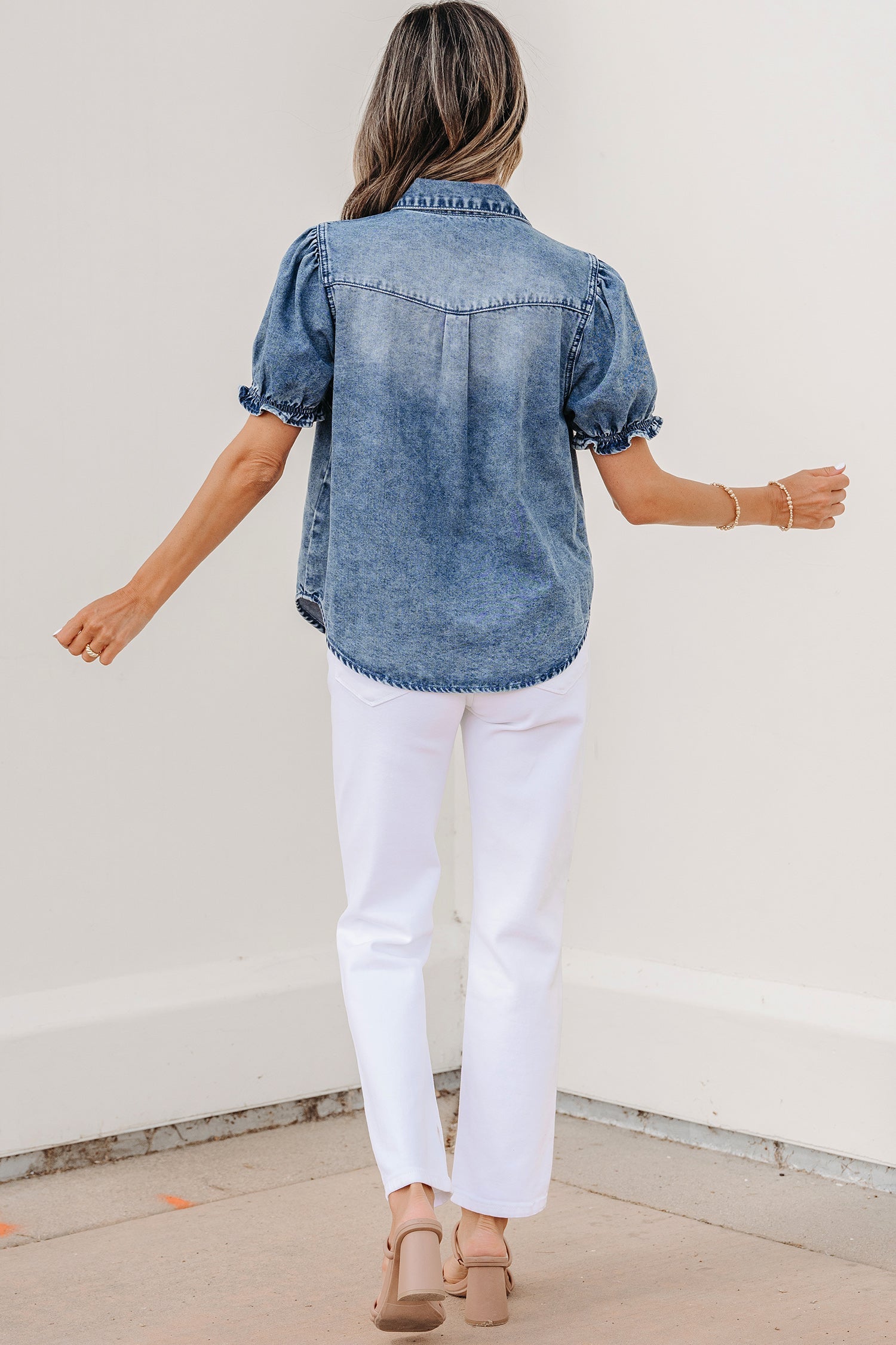 Beau Blue Frilled Short Sleeve Snap Button Denim Shirt