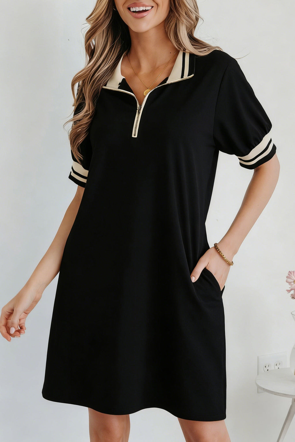 Black Striped Webbing Trim Preppy Polo Tee Dress