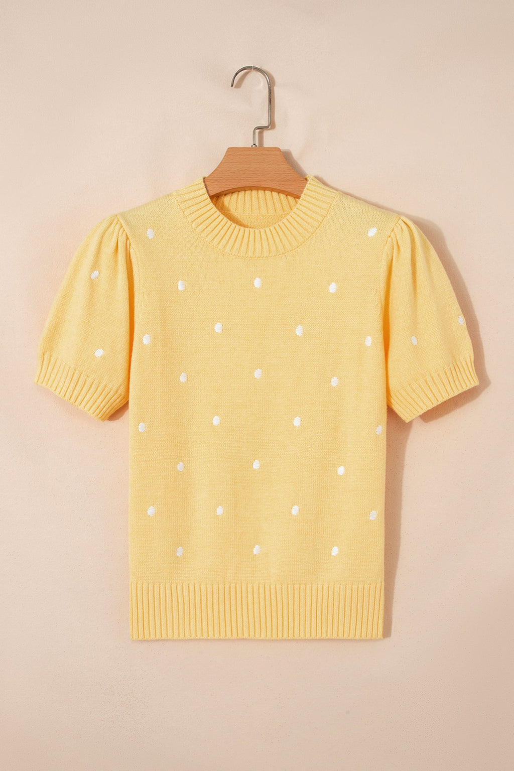 Yellow Cream Elegant Polka Dot Bubble Short Sleeve Sweater