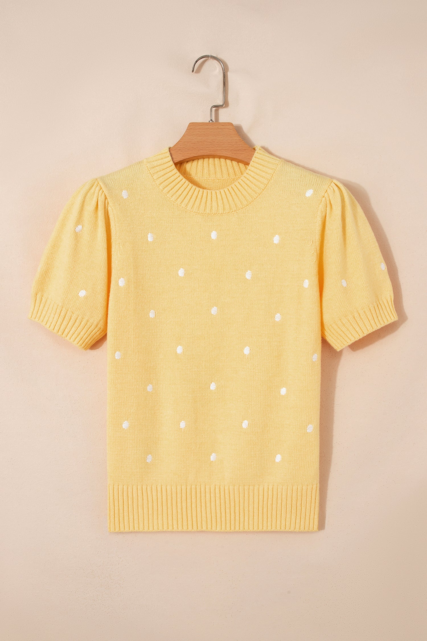 Yellow Cream Elegant Polka Dot Bubble Short Sleeve Sweater
