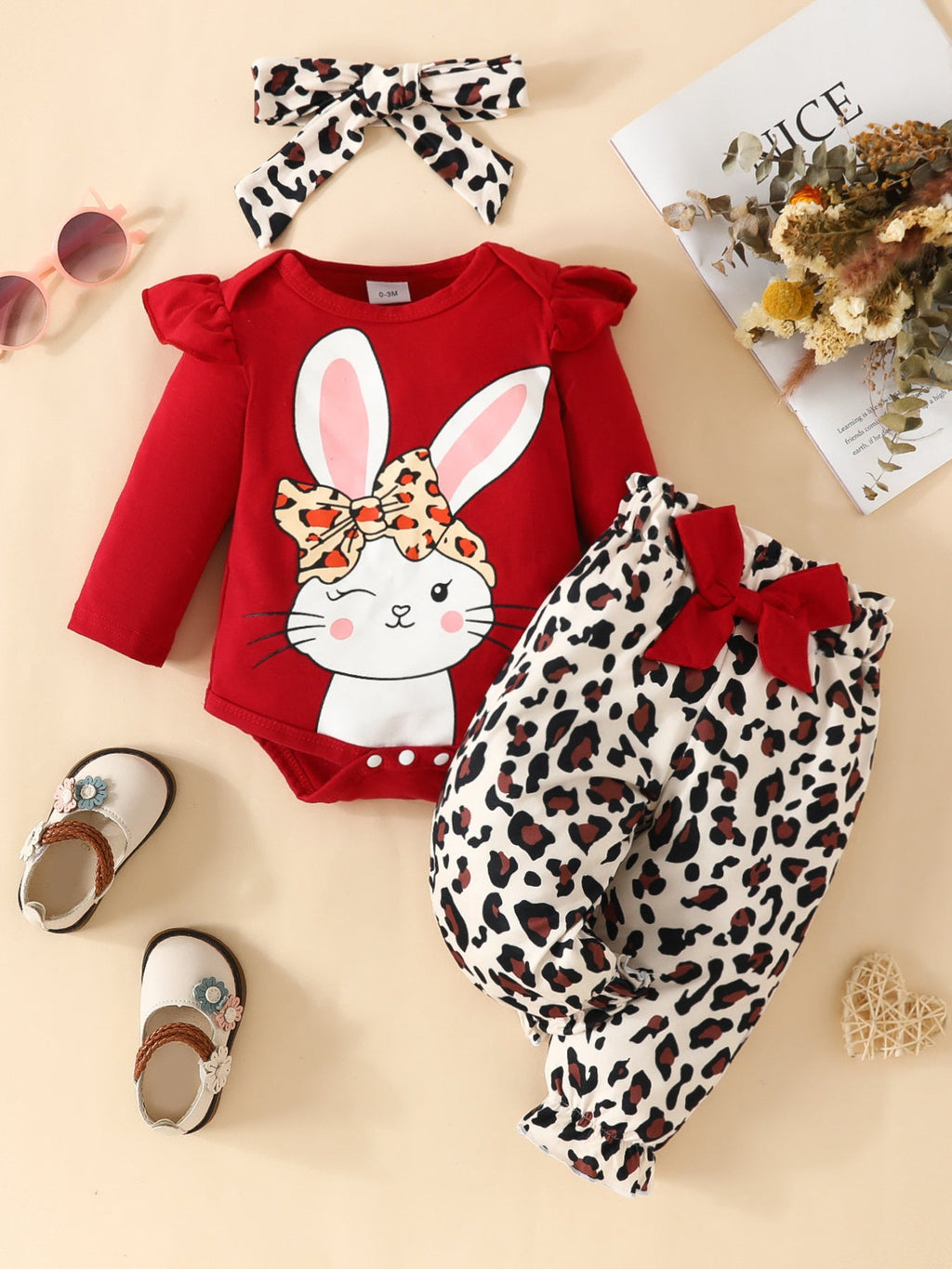 Children's Bunny Long Sleeve Bodysuit and Pants Set with Headscarf