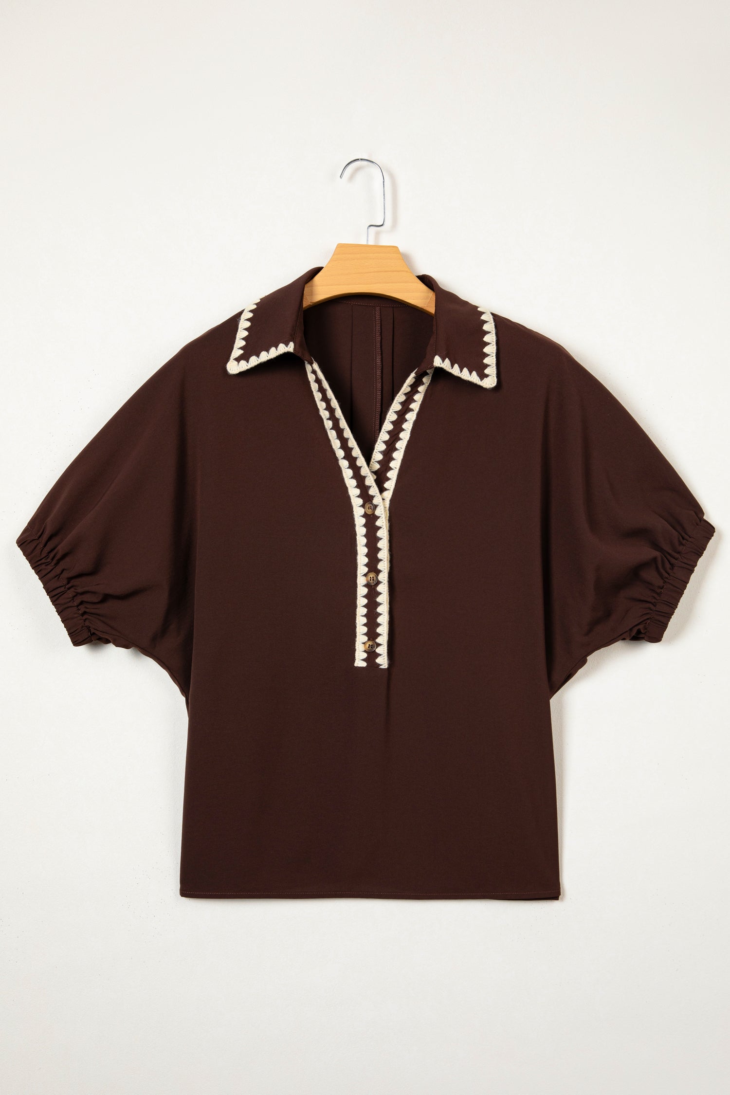 Coffee Shirt Collar Contrast Trim Button V Neck Short Sleeve Blouse