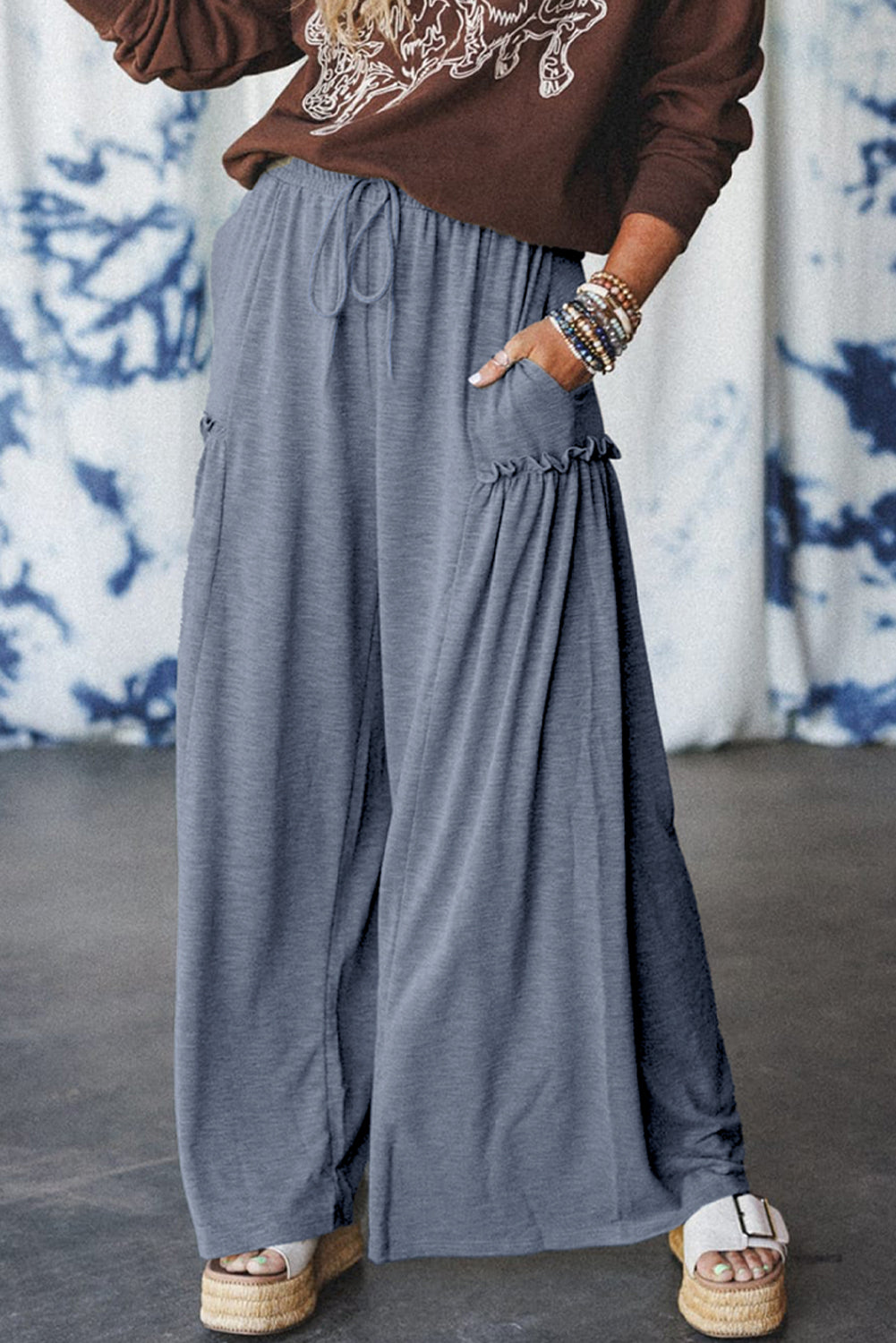 Frilled Detail Wide Leg Drawstring Elastic Waistband Pants