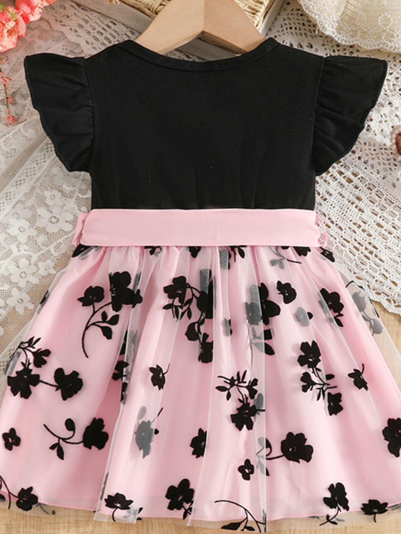 Children's Floral Print Mesh Bowknot Toddler Dress