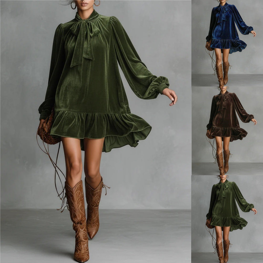 Women’s Bow-Tie Puff Sleeve Dress – Elegant Asymmetric Ruffle Hem Short Dress