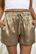 Gold Metallic Luster Tie Elastic Waist Cuffed Hem Shorts