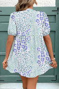 Sky Blue Leopard Contrast Bow Puff Sleeve Mini Dress