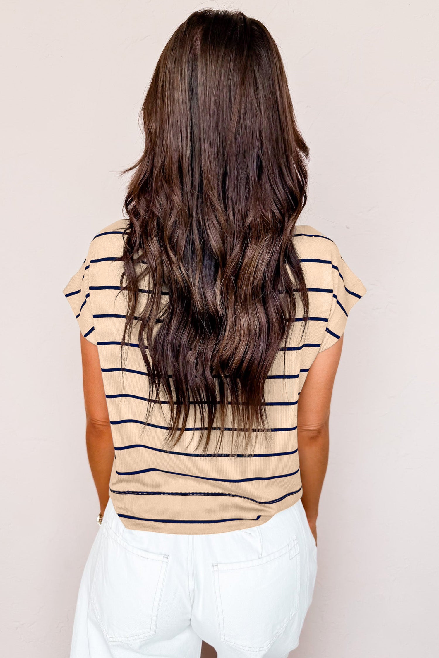 Khaki Stripe Mock Neck Short Sleeve Loose Top
