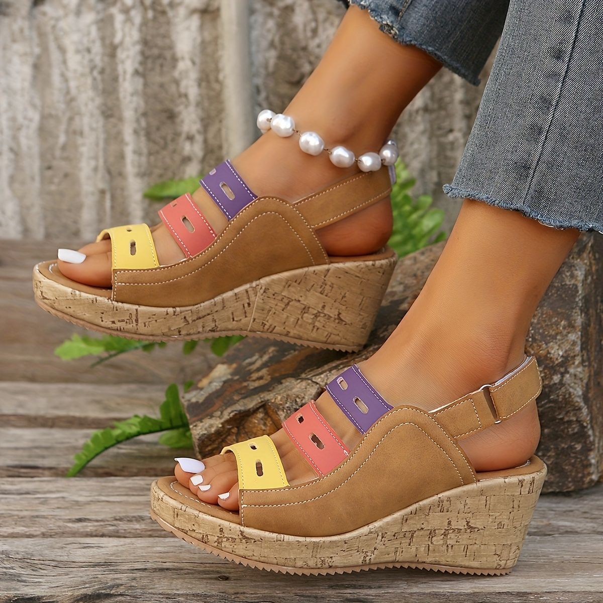 Women's Color-Block Wedge Sandals – Cork Platform Slingback