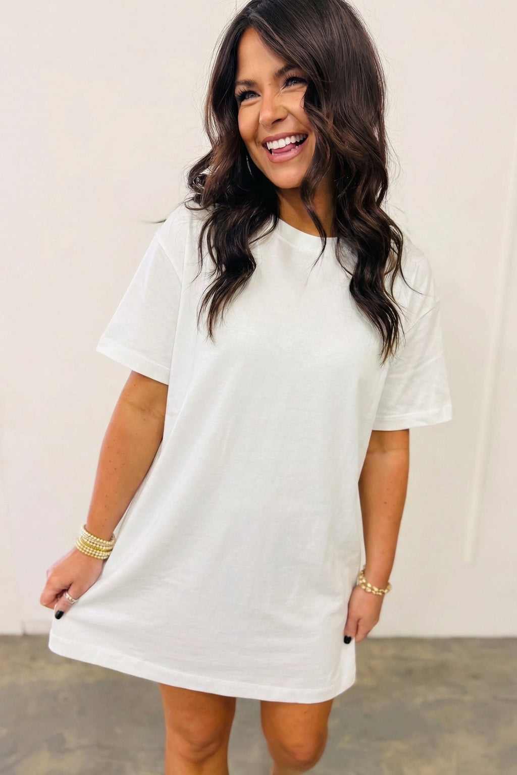 White Drop Shoulder Crew Neck Shift T Shirt Dress