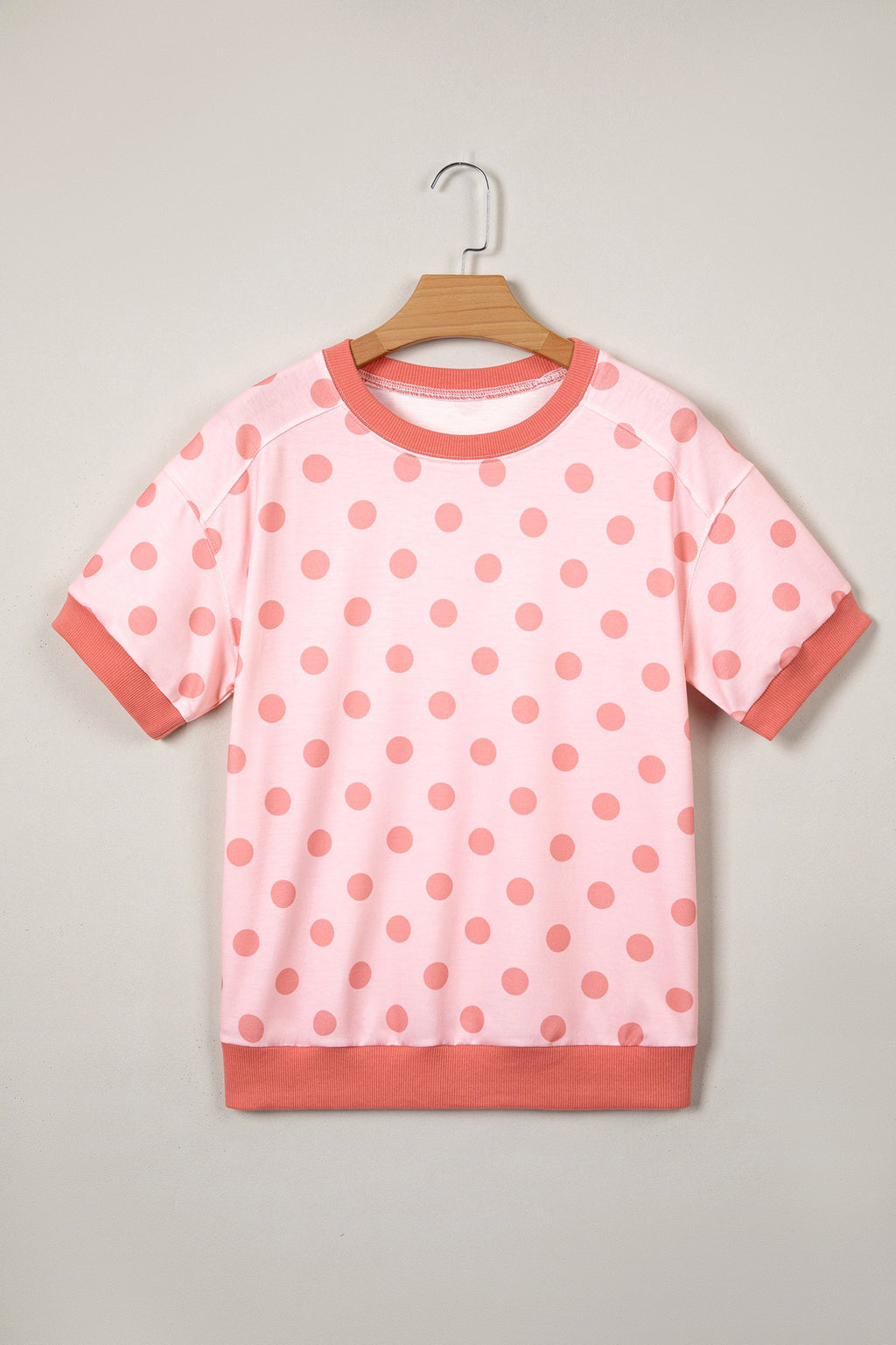 Pink Color Block Trim Polka Dot Casual Tee