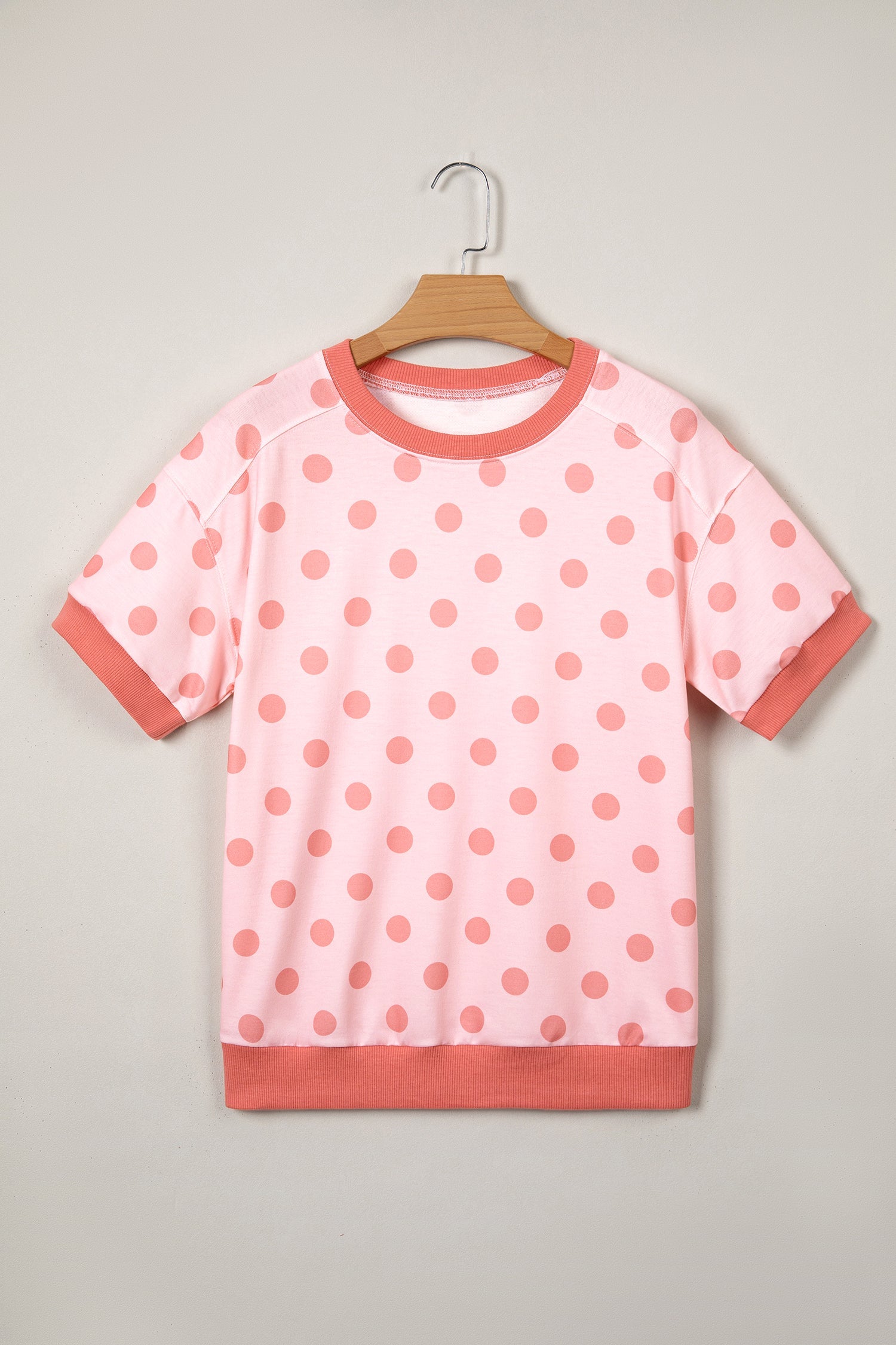 Pink Color Block Trim Polka Dot Casual Tee