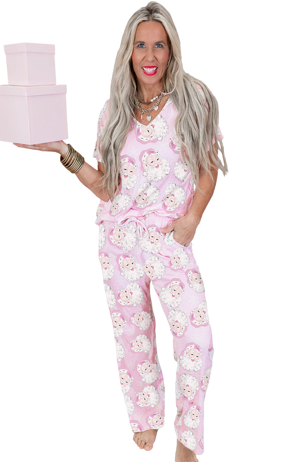 Pink Santa Claus Print V Neck Tee Drawstring Pants 2pcs Lounge Set