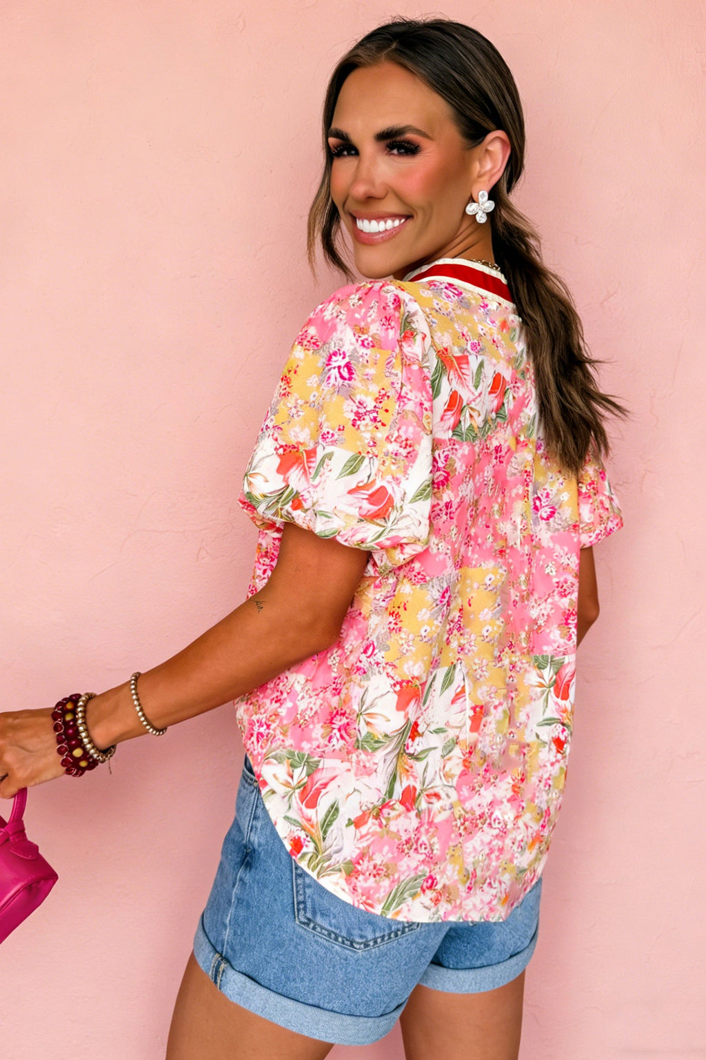 Pink Contrast Collared V Neck Short Sleeve Floral Blouse