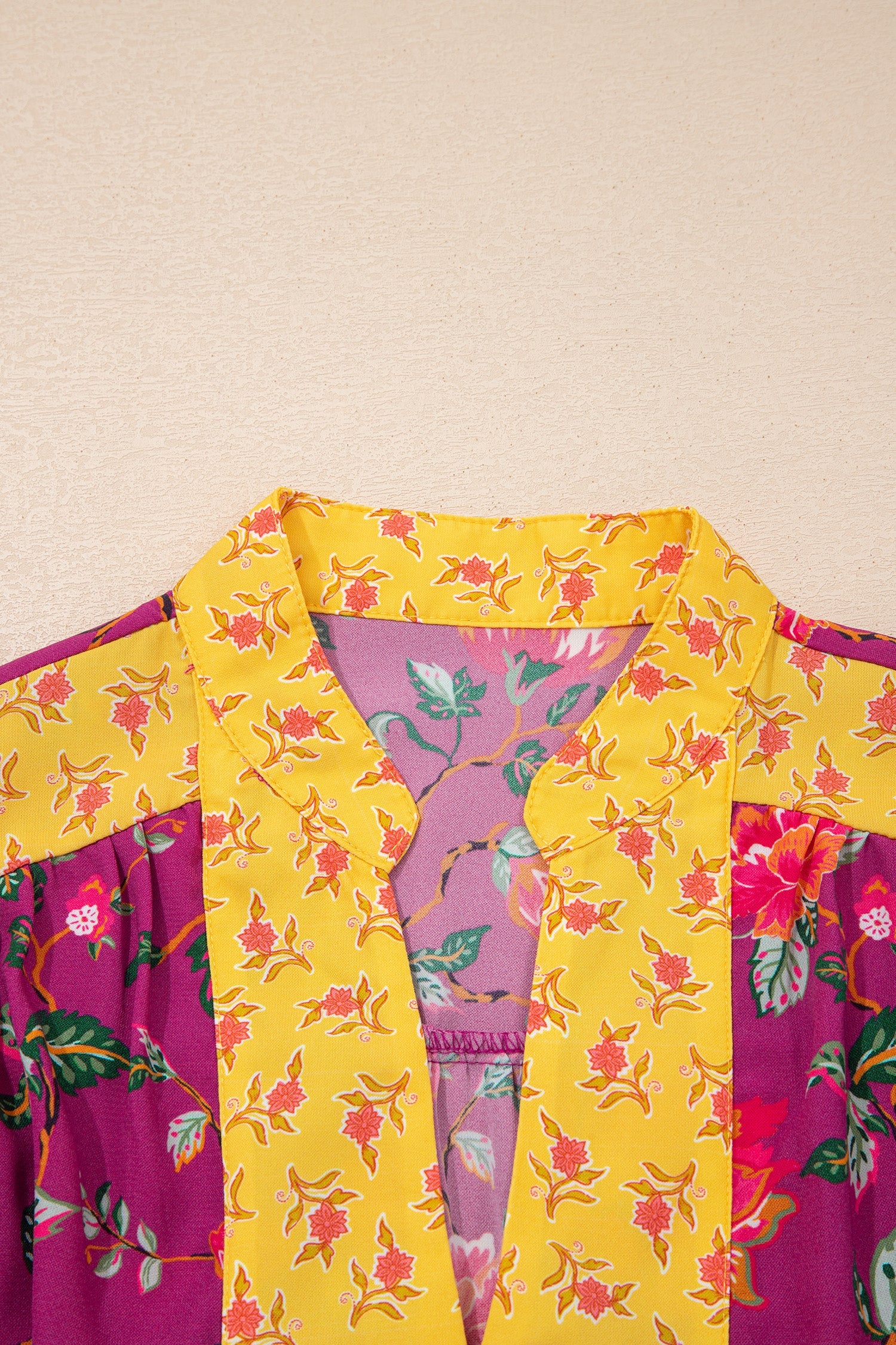 Rose Contrast Placket Split V Neck Floral Blouse