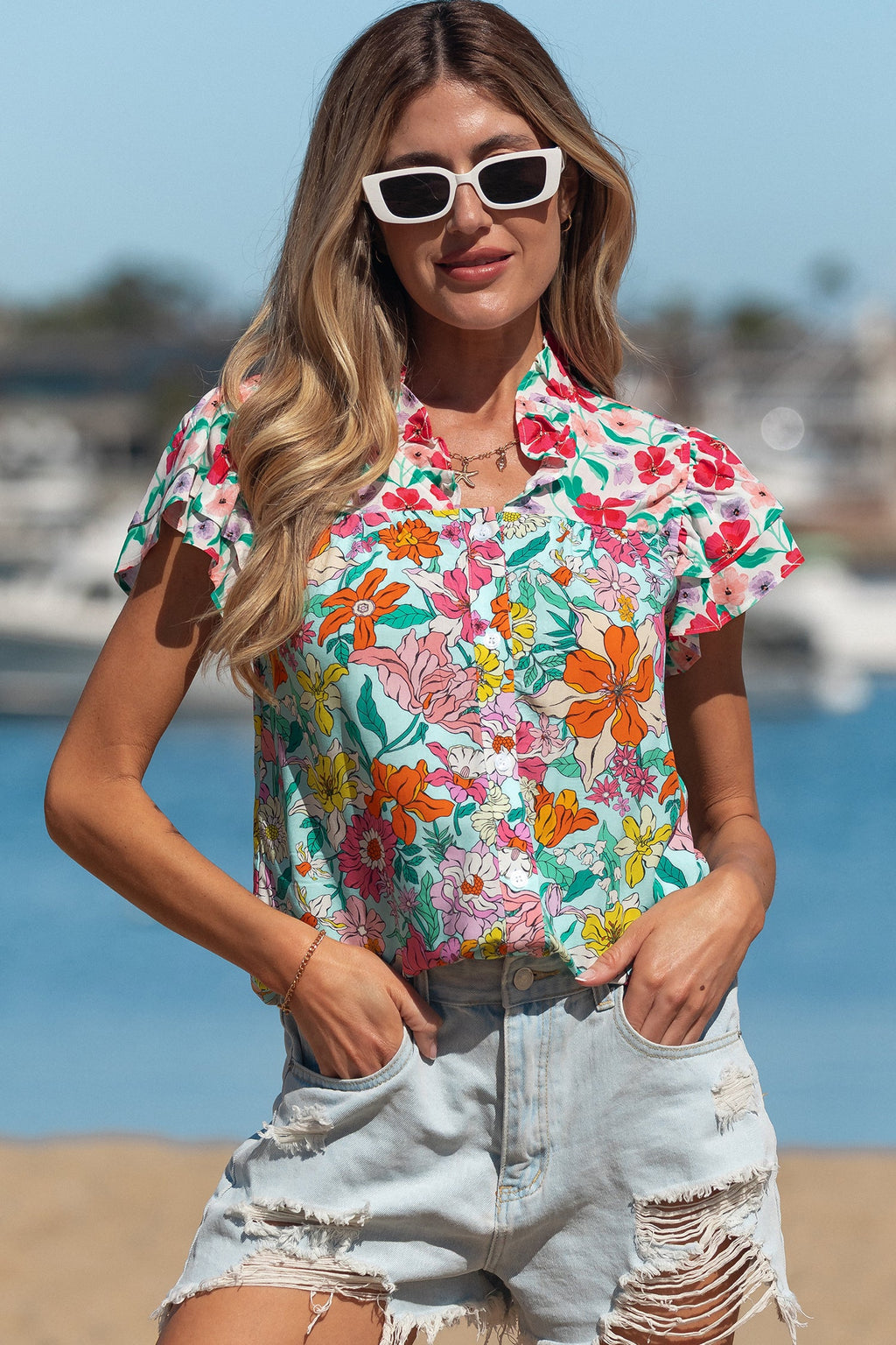 Sky Blue Floral Print Split Neck Button Front Flutter Sleeve Blouse