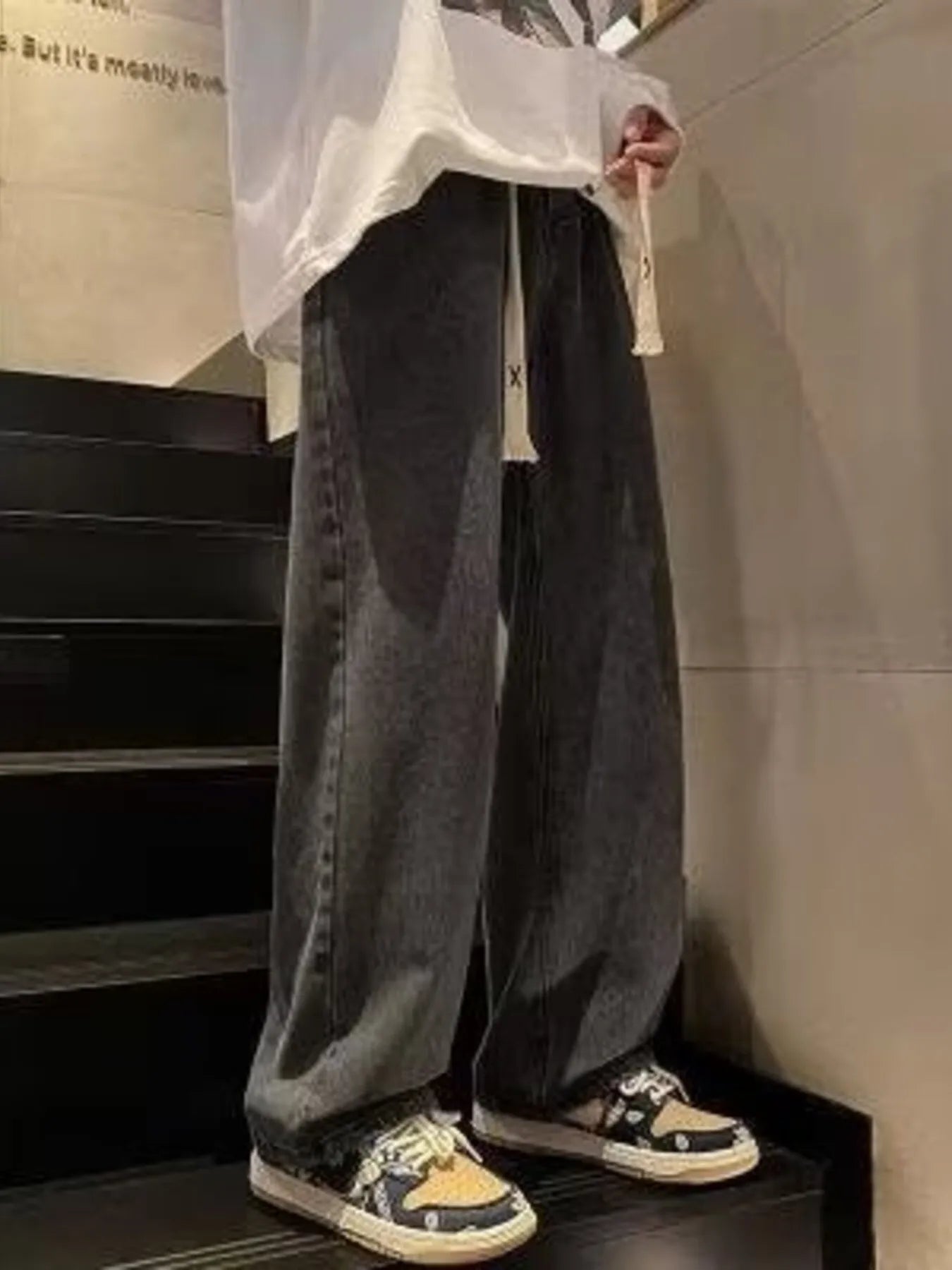 Men's Full Size Loose Fit Drawstring Wide Leg Jeans Plus Size