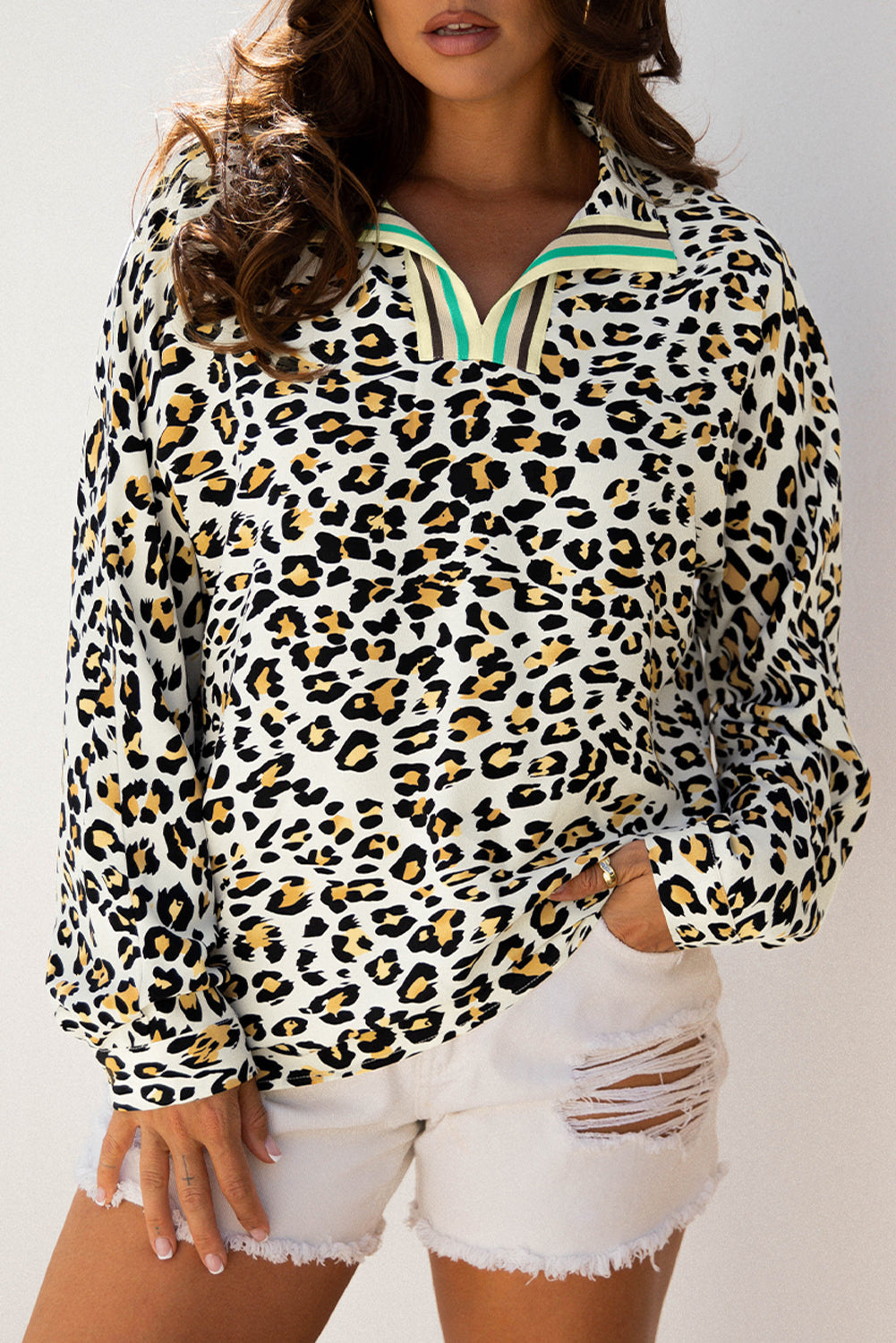 Khaki Leopard Print Contrast Striped V Neck Blouse
