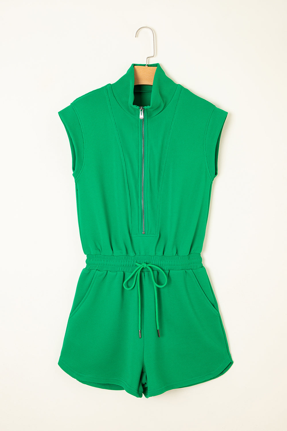 Bright Green Textured Short Sleeve Half Zip Drawstring Elastic Waistband Romper