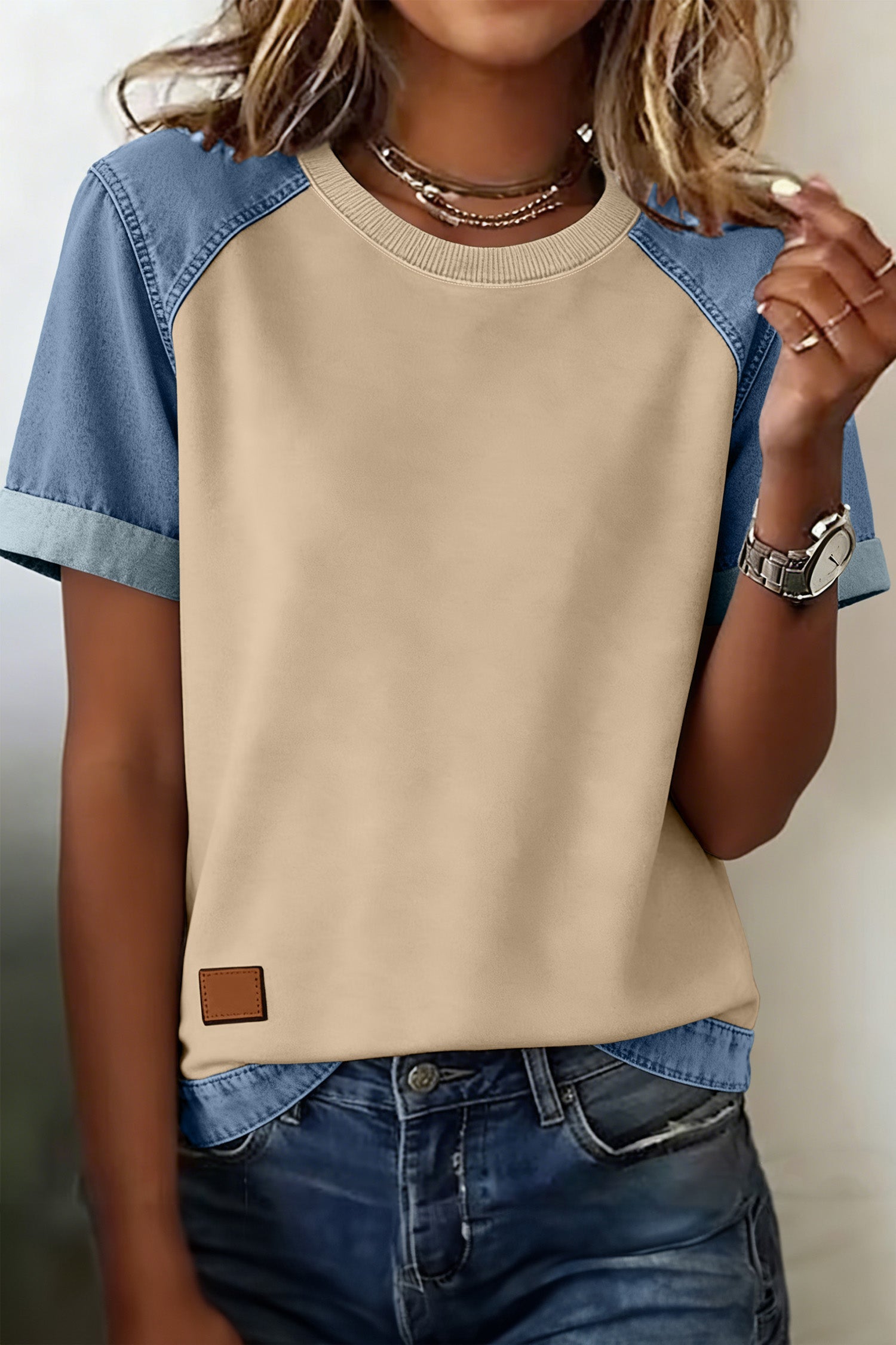 Beige Denim Color Block Patchwork Round Neck Tee