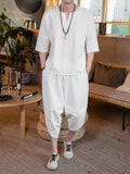 Men's Plus Size Notched Half Sleeve Top and Cropped Pants Set