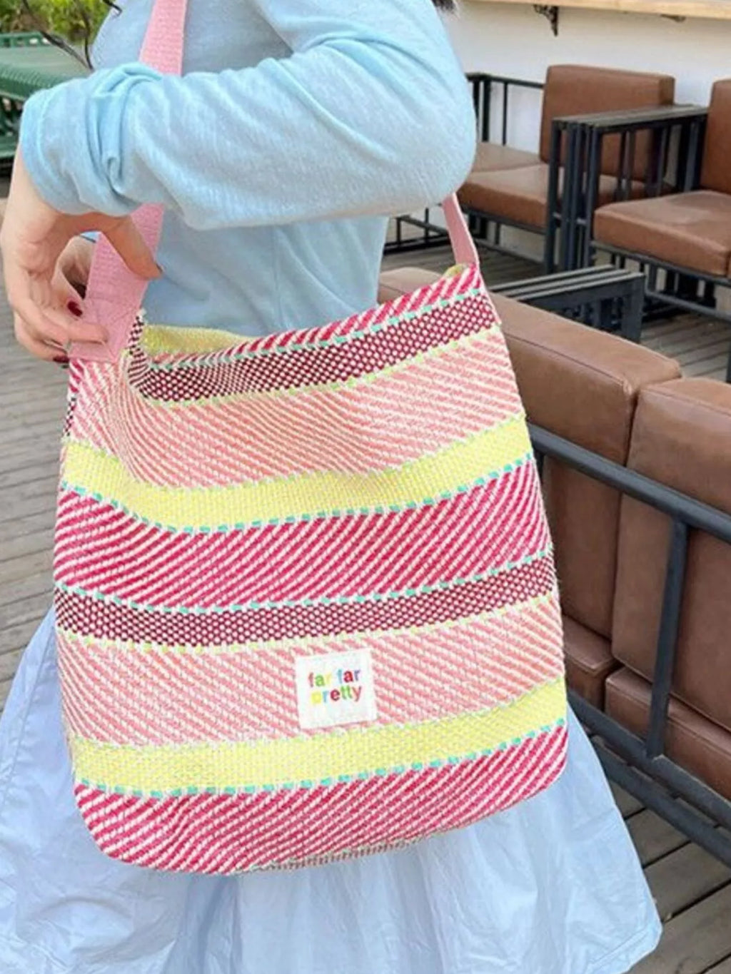 Striped Woven Shoulder Bag with Adjustable Strap