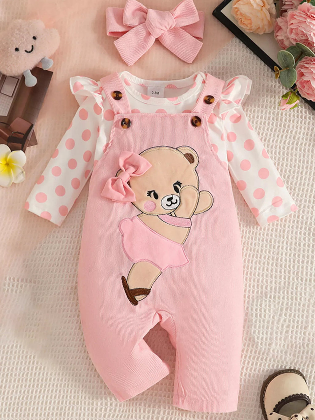 Children's Polka Dot Top and Overalls Set with Headband