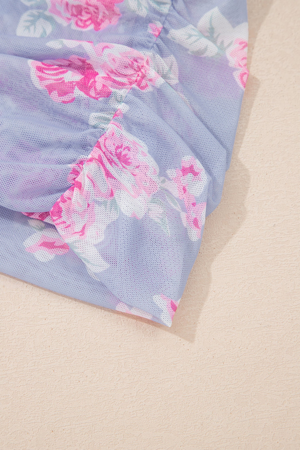 Sky Blue Square Neck Cap Sleeve Ruched Floral Mesh Top
