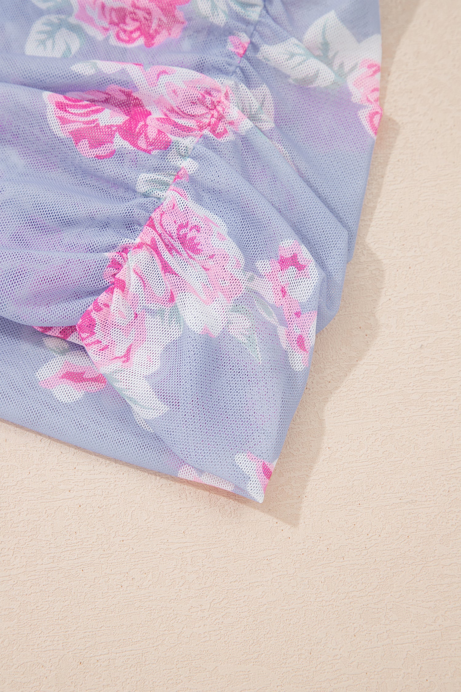 Sky Blue Square Neck Cap Sleeve Ruched Floral Mesh Top