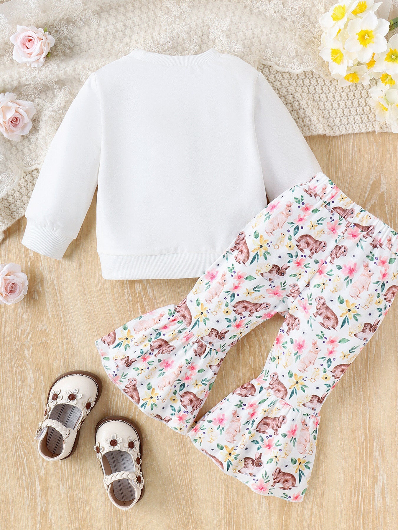 Children's Floral Bunny Print Top and Pant Set