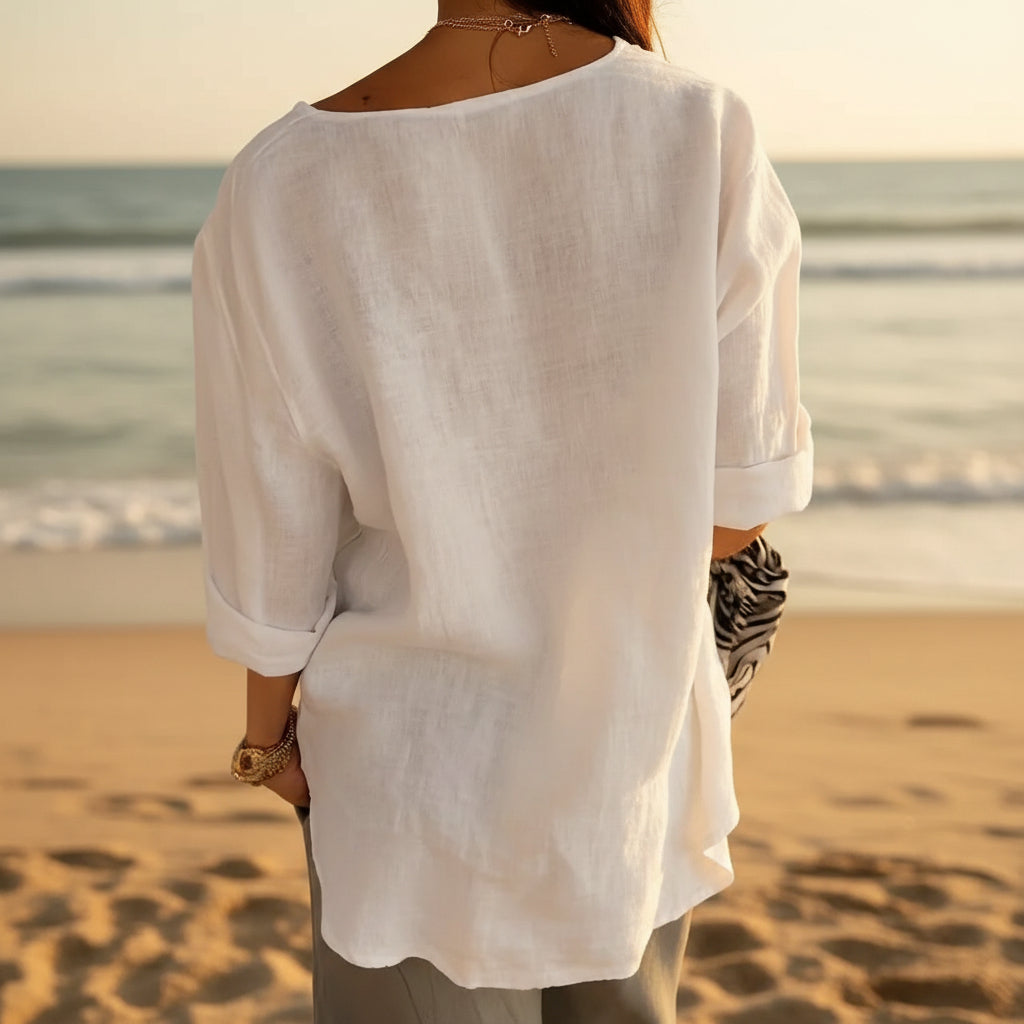 Women's V-Neck Long-Sleeve Button Top – Loose Fit Casual Blouse