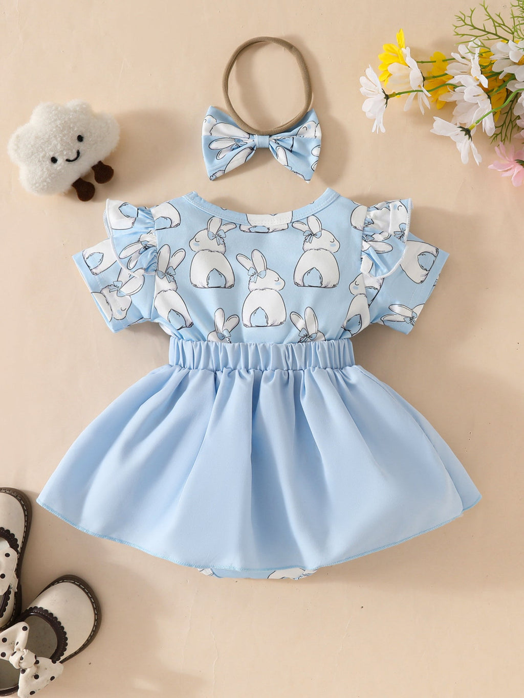 Children's Bunny Applique Bodysuit Dress & Headband Set