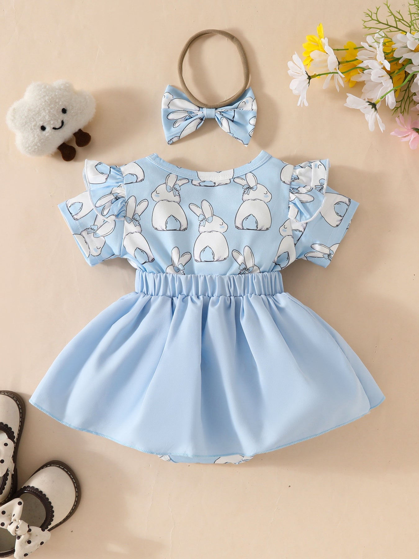 Children's Bunny Applique Bodysuit Dress & Headband Set