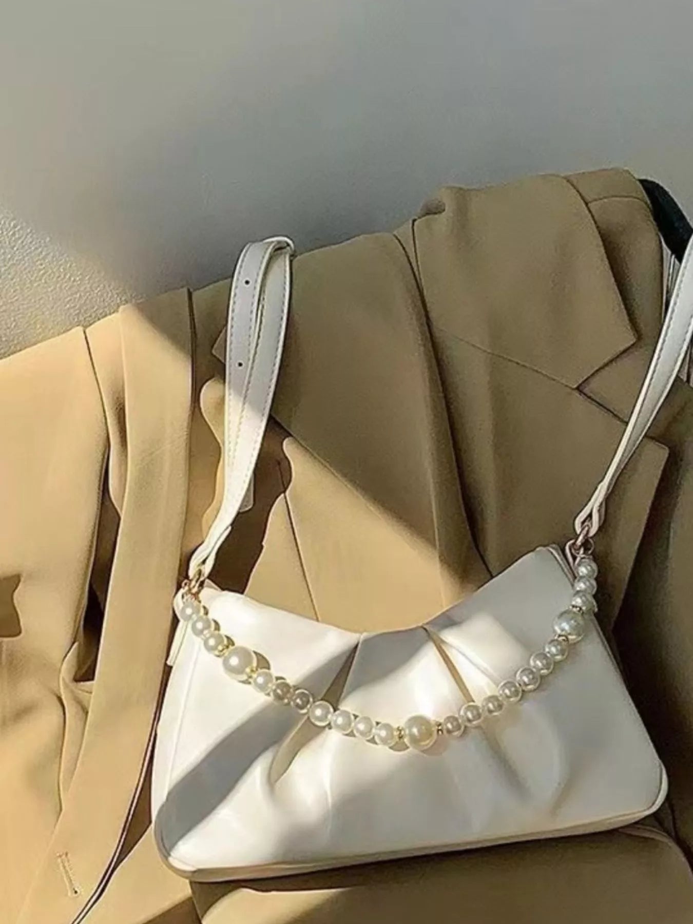 Pearl Embellished Ruched Shoulder Bag