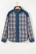 Gray Plaid Corduroy Patchwork Collared Zip Up Snap Button Jacket
