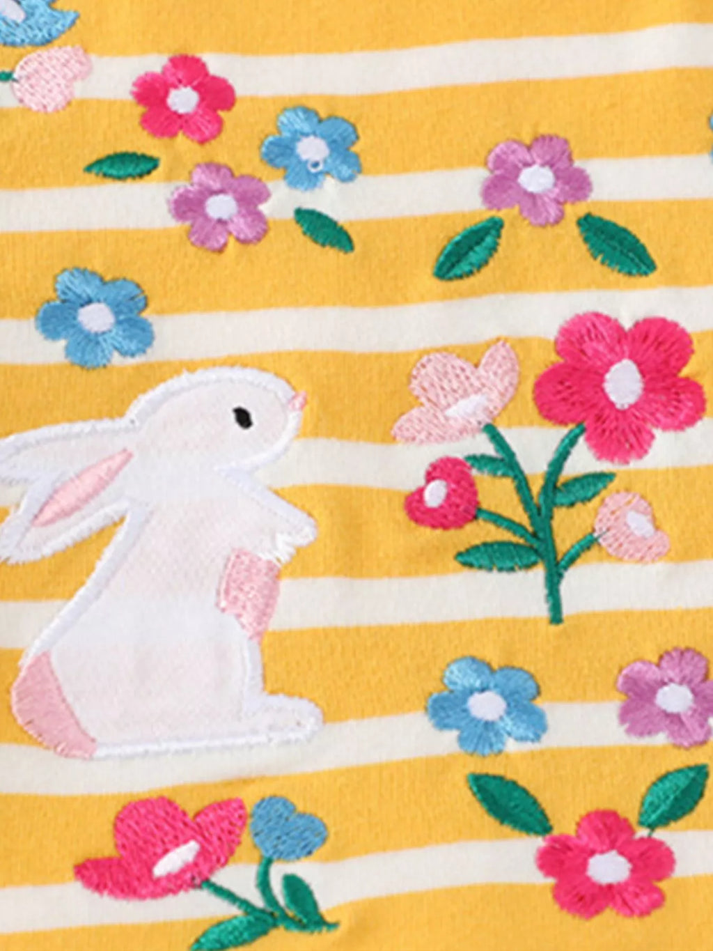 Children's Striped Bunny Embroidered Round Neck Dress